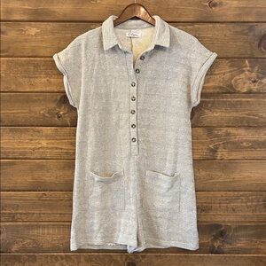 Chic Gray Herringbone Button-Up Romper